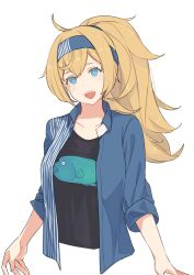 Rule 34 | 1girl, black shirt, blonde hair, blue eyes, blue shirt, commentary request, cropped torso, employee uniform, fish, gambier bay (kancolle), hairband, high ponytail, ichiroku (sakumogu-029), kantai collection, lawson, looking at viewer, open mouth, ponytail, shirt, simple background, smile, solo, striped clothes, striped shirt, twintails, uniform, upper body, white background