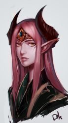 Rule 34 | 1girl, diadem, distr, dungeons &amp; dragons, grey background, highres, horns, long hair, looking at viewer, orange eyes, original, parted lips, pink hair, pointy ears, portrait, signature, simple background, smile, solo