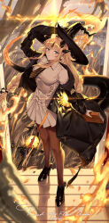 Rule 34 | 1girl, absurdres, alternate costume, arknights, black pantyhose, black thighhighs, blonde hair, blue eyes, book, braid, breasts, closed mouth, dragon girl, dragon horns, dragon tail, fire, flame-tipped tail, full body, green eyes, hat, high heels, highres, holding, holding book, horns, jacket, long hair, looking at viewer, necktie, pantyhose, reed (arknights), solo, standing, tail, thighhighs, very long hair, witch, witch hat, yoruyume
