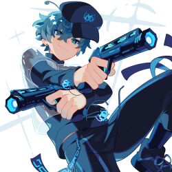 Rule 34 | 1boy, antennae, black hat, blue eyes, blue hair, charm (object), commentary, commission, constellor, crossed arms, dual wielding, earrings, english commentary, from below, gun, hair between eyes, handgun, hat, highres, holding, holding gun, holding weapon, indie virtual youtuber, jacket, jewelry, male focus, sakurai shuu, science fiction, second-party source, see-through, see-through jacket, smug, solo, stud earrings, virtual youtuber, weapon