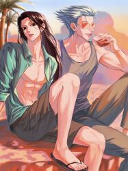 Rule 34 | 2boys, alternate costume, alternate hair color, beach, black hair, blue hair, cigarette, cloud, cloudy sky, commentary request, highres, hisoka morow, holding, holding cigarette, hunter x hunter, illumi zoldyck, kann 55, korean commentary, long hair, male focus, multiple boys, on ground, open clothes, open shirt, outdoors, palm tree, pectoral cleavage, pectorals, sandals, short hair, sitting, sky, sunglasses, sunset, tank top, toes, toned, toned male, tree