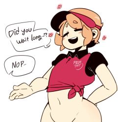 Rule 34 | 1boy, androgynous, arm behind back, blush, bottomless, doppel (bonnypir), closed eyes, hand on own hip, navel, open mouth, orange hair, out-of-frame censoring, pineapple (gats), pizza thot, shirt, speech bubble, standing, tied shirt, trap, visor cap, white background, wide hips