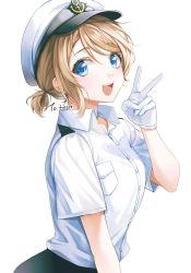 Rule 34 | anchor, blouse, blue eyes, buttons, collarbone, gloves, grey hair, hat, looking at viewer, love live!, love live! sunshine!!, minori (faddy), open mouth, pocket, shirt, short hair, simple background, solo, teeth, v, watanabe you, white background, white gloves, white hat, white shirt