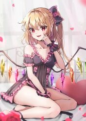Rule 34 | 1girl, ass, babydoll, barefoot, bed, black babydoll, black panties, blonde hair, blush, breasts, collarbone, crystal, fangs, flandre scarlet, highres, indoors, long hair, looking at viewer, one side up, open mouth, panties, petals, pointy ears, red eyes, shironeko yuuki, small breasts, solo, touhou, underwear, underwear only, window, wings, wrist cuffs