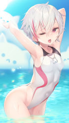 Rule 34 | 1girl, armpits, arms up, blue sky, breasts, cat, cloud, commentary request, competition swimsuit, covered navel, day, highleg, highleg swimsuit, highres, horizon, jewelry, looking at viewer, multicolored hair, necklace, noah gaa, ocean, one-piece swimsuit, one eye closed, open mouth, original, outdoors, red eyes, red hair, short hair, silver hair, sky, small breasts, solo, streaked hair, swimsuit, water