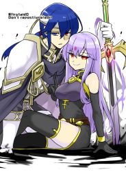 Rule 34 | 1boy, 1girl, armor, aura, bandana, bare shoulders, blue eyes, blue hair, breasts, corruption, crystal, dark persona, diamond (shape), elbow gloves, evil, evil smile, fire emblem, fire emblem: genealogy of the holy war, gloves, glowing, heterochromia, holding, holding sword, holding weapon, index finger raised, intelligent systems, julia (fire emblem), kneeling, lipstick, looking at viewer, loptous (fire emblem), makeup, medium breasts, nintendo, poking, ponytail, possessed, possession, red eyes, seliph (fire emblem), slit pupils, smile, sword, thighhighs, thighs, weapon, white background, yukia (firstaid0), zettai ryouiki