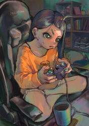 Rule 34 | 1girl, bangs pinned back, bare legs, barefoot, blue footwear, bookshelf, brown hair, coffee, commentary request, controller, crossed legs, cup, desk, determined, door, eyelashes, figure, fingernails, forehead, full body, game controller, gamecube controller, green eyes, grey shorts, hair bobbles, hair ornament, highres, holding, holding controller, holding game controller, indoors, jack-o&#039;-lantern, long hair, long sleeves, looking ahead, mug, on chair, open mouth, orange shirt, original, plant, playing games, potted plant, shirt, shoes, short shorts, shorts, sitting, sneakers, solo, straight hair, stuffed animal, stuffed penguin, stuffed toy, sweat, tomatomato 0413, unworn shoes