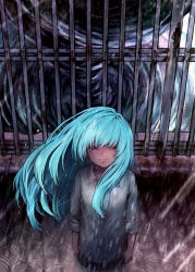 Rule 34 | 1girl, arms at sides, black skirt, blue eyes, blue hair, collared shirt, fence, from above, highres, light smile, looking at viewer, original, pleated skirt, rain, ripples, rooftop, shirt, skirt, solo, standing, tooi (sugarcoating), tornado, wet, wet hair, white shirt, wind, wing collar