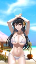 Rule 34 | 1girl, areola slip, armpits, arms up, beach, bikini, black hair, blurry, blurry background, breasts, cleavage, closed mouth, commentary request, covered erect nipples, cowboy shot, day, earrings, flower, gold earrings, gold hairband, hair flower, hair ornament, hairband, highres, houriigurei, jewelry, large breasts, lens flare, long hair, looking at viewer, navel, outdoors, pussy, red eyes, rose, see-through, side-tie bikini bottom, sidelocks, smile, solo, spikes, spy x family, stomach, straight hair, strap gap, sunlight, swimsuit, thighs, wet, white bikini, wooden bridge, yor briar
