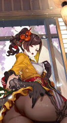Rule 34 | 1girl, absurdres, ass, back, bare shoulders, black gloves, blush, breasts, brown hair, brown pantyhose, chiori (genshin impact), detached collar, elbow gloves, genshin impact, gloves, hair ornament, hairpin, hand on own thigh, highres, japanese clothes, kikimi, kimono, large breasts, long sleeves, looking at viewer, looking back, medium hair, naughty face, obi, off shoulder, open mouth, pantyhose, red eyes, saliva, sash, skirt, solo, sweat, teeth, thighs, tongue, tongue out, upper teeth only, vision (genshin impact), wide sleeves, yellow kimono