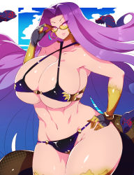 Rule 34 | 1girl, bikini, breasts, cleavage, curvy, earrings, fate/grand order, fate (series), glasses, gorgon (fate), hand on own hip, highres, hoop earrings, huge breasts, jewelry, lips, long hair, looking at viewer, medusa (fate), medusa (rider) (fate), navel, purple eyes, purple hair, rider, sekiyu (spartan), smile, snake hair, solo, swimsuit, thick thighs, thighs, very long hair, wide hips