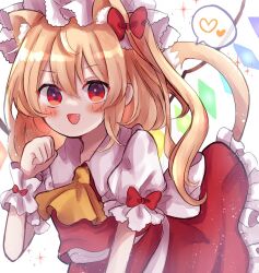 Rule 34 | 1girl, animal ear fluff, animal ears, ascot, back bow, blonde hair, blush, bow, cat ears, collared shirt, cowboy shot, dorowa (drawerslove), fang, flandre scarlet, frilled shirt collar, frilled skirt, frills, hair between eyes, happy, hat, heart, highres, large bow, long hair, looking at viewer, mob cap, multicolored wings, open mouth, paw pose, puffy short sleeves, puffy sleeves, red bow, red eyes, red skirt, red vest, shirt, short sleeves, skirt, solo, spoken heart, touhou, vest, white background, white bow, white hat, white shirt, wings, wrist cuffs, yellow ascot