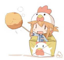 Rule 34 | 10s, 1girl, :d, alternate costume, animal hat, artist name, brown hair, chibi, chicken (food), chicken hat, commentary, folded ponytail, food, hair ornament, hairclip, hanomido, hat, inazuma (kancolle), kantai collection, lawson, mini person, minigirl, open mouth, simple background, smile, solo, toothpick, uniform, white background, | |