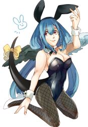 Rule 34 | 1girl, angel wings, animal ears, asymmetrical legwear, asymmetrical wings, bare shoulders, black leotard, blue hair, breasts, bunny day, cleavage, detached collar, dizzy (guilty gear), fake animal ears, fake tail, fishnet pantyhose, fishnets, guilty gear, hair between eyes, hair ribbon, highleg, highleg leotard, large breasts, leotard, mature female, monster girl, necktie, nishimoto, open mouth, pantyhose, playboy bunny, rabbit ears, red eyes, ribbon, sidelocks, sleeveless, solo, tail, tail ornament, tail ribbon, thigh strap, thighs, twintails, wings, wrist cuffs, yellow necktie, yellow ribbon
