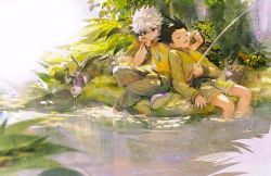 Rule 34 | 2boys, animal, black hair, blue eyes, closed eyes, closed mouth, fishing rod, full body, gon freecss, grass, green jacket, green pants, green shorts, hair between eyes, head rest, holding, hunter x hunter, jacket, jewelry, killua zoldyck, leaning on person, long sleeves, male focus, multiple boys, necklace, open mouth, outdoors, pants, purple footwear, rabbit, shirt, shoes, short hair, short sleeves, shorts, sitting, sleeping, smile, soaking feet, spiked hair, tree, water, white hair, wristband, yellow shirt, yud79317724