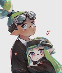 Rule 34 | 1boy, 1girl, :|, black headwear, black jacket, blush, cha ipride, closed mouth, dark skin, expressionless, from side, goggles, goggles on head, green hair, grey eyes, heart, hetero, highres, hug, inkling, inkling boy, inkling girl, inkling player character, jacket, long hair, looking at viewer, nintendo, original, pink eyes, pointy ears, shirt, sideways hat, simple background, splatoon (series), topknot, upper body, v-shaped eyebrows, white background, white shirt