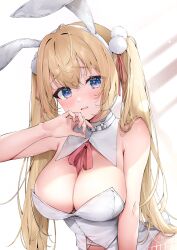 Rule 34 | 1girl, absurdres, animal ears, bare arms, bare shoulders, blonde hair, blue eyes, breasts, center opening, choker, cleavage, detached collar, embarrassed, fake animal ears, fake tail, fishnets, hair ornament, hairband, hand up, highres, izumi kei, large breasts, leotard, long hair, looking at viewer, neck ribbon, open mouth, original, playboy bunny, pom pom (clothes), pom pom hair ornament, rabbit ears, rabbit tail, ribbon, solo, strapless, strapless leotard, tail, twintails, white choker, white hairband, white leotard