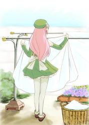 Rule 34 | 1girl, bare shoulders, basket, bed sheet, beret, bush, commentary, day, detached sleeves, dress, flower, from behind, full body, garden, green dress, green hat, green sleeves, hat, headphones, holding, holding sheet, laundry, laundry basket, laundry pole, long hair, maki (nasulily), momone momo, outdoors, pantyhose, pink hair, solo, standing, utau, white pantyhose