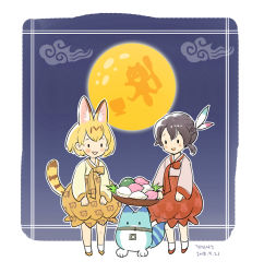 Rule 34 | 10s, 2girls, :d, alternate hairstyle, animal ears, black hair, blonde hair, braid, bubble skirt, chibi, commentary request, common raccoon (kemono friends), dated, dot eyes, extra ears, feather hair ornament, food, full moon, hanbok, japari symbol print, kaban (kemono friends), kemono friends, korean clothes, korean commentary, lucky beast (kemono friends), moon, multiple girls, open mouth, roonhee, serval (kemono friends), short hair, skirt, smile