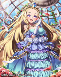 Rule 34 | 1girl, :d, bad breasts, bad id, bad pixiv id, blonde hair, blue dress, dress, flower, frilled dress, frills, gloves, hair ornament, hm (tolosalmon), impossible clothes, indoors, isis (venus rumble), jewelry, long hair, looking at viewer, necklace, official art, open mouth, petals, purple eyes, smile, solo, standing, venus rumble, very long hair, watermark, white flower, white gloves