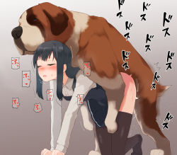 Rule 34 | 1girl, all fours, asashio (kancolle), bestiality, black hair, blush, closed eyes, clothed sex, dog, doggystyle, dress, dress shirt, grey background, japanese text, kantai collection, long hair, long sleeves, open mouth, sex, sex from behind, shirt, simple background, thighhighs, trembling, tsurugi (the horizon)