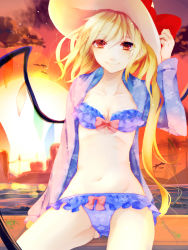 Rule 34 | 1girl, bad id, bad pixiv id, bikini, blonde hair, blue bikini, breasts, cleavage, cloud, collarbone, daimaou ruaeru, flandre scarlet, frilled bikini, frills, hat, highres, jacket, long hair, long sleeves, open clothes, open jacket, red eyes, side ponytail, sitting, sky, small breasts, smile, solo, sunset, swimsuit, touhou, very long hair, wings
