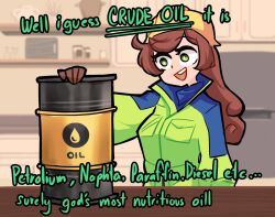 Rule 34 | 1girl, blurry, blurry background, breast pocket, bright pupils, brown hair, centurii-chan (artist), drum (container), engineer (centurii-chan), english text, green eyes, hard hat, helmet, high-visibility jacket, highres, kitchen, long hair, open mouth, original, pocket, refrigerator, solo, teeth, upper body, upper teeth only, white pupils, yellow headwear