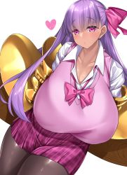 Rule 34 | 1girl, breasts, claws, fate/extra, fate/extra ccc, fate/grand order, fate (series), gyaru, hair ribbon, heart, highres, huge breasts, looking at viewer, pantyhose, passionlip (fate), purple hair, ribbon, skirt, sweater, thick thighs, thighs, watosu (watosu mama)