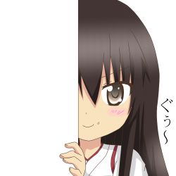 Rule 34 | 10s, 1girl, akagi (kancolle), brown eyes, brown hair, food, food on face, kantai collection, long hair, looking at viewer, nagineko, peeking out, rice, rice on face, smile, solo, translation request, transparent background