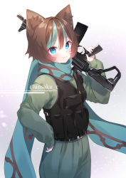 Rule 34 | 1girl, animal ear fluff, animal ears, blue eyes, blue hair, brown hair, cat ears, chitetan, closed mouth, commentary request, green jacket, green pants, gun, hand on own hip, holding, holding gun, holding weapon, jacket, long sleeves, looking at viewer, multicolored hair, original, over shoulder, pants, puffy long sleeves, puffy sleeves, sleeves past wrists, smile, solo, streaked hair, twitter username, weapon, weapon over shoulder, weapon request