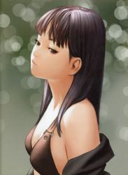 Rule 34 | 1girl, absurdres, bikini, bikini top only, black bikini, black eyes, black hair, black jacket, breasts, cleavage, from side, highres, jacket, long hair, murata range, open clothes, open jacket, original, parted lips, small breasts, solo, swimsuit, upper body