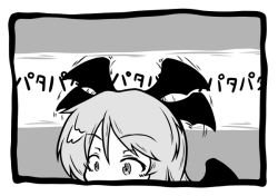 Rule 34 | 1girl, bat wings, border, commentary request, excited, face, flapping, greyscale, head wings, kch, koakuma, monochrome, motion lines, solo, touhou, translation request, wide-eyed, wings