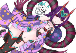 Rule 34 | 1girl, black thighhighs, blunt bangs, chinese clothes, choker, collarbone, dudou, fate/grand order, fate (series), hair ornament, heart, heart hair ornament, horns, leg up, long sleeves, looking at viewer, midriff, natsuzakura yuuki, navel, parted lips, purple eyes, purple hair, purple sleeves, short hair, shuten douji (fate), shuten douji (fate/grand order), shuten douji (halloween caster) (fate), simple background, solo, stomach, thighhighs, white background