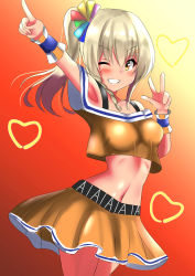 Rule 34 | 1girl, ;), absurdres, artist name, artist request, back bow, bare shoulders, belt, black belt, blonde hair, blue stripes, blue wristband, blush, bow, braid, breasts, brown eyes, cheerleader, collarbone, crop top, female focus, french braid, hair between eyes, hair ornament, hair over shoulder, hair ribbon, hair tie, hairclip, heart, heart necklace, high ponytail, highres, jewelry, long hair, looking at viewer, love live!, love live! nijigasaki high school idol club, love live! school idol festival, medium breasts, miniskirt, miyashita ai, necklace, off shoulder, one eye closed, orange eyes, orange shirt, orange skirt, parted lips, plaid, plaid skirt, pleated, pleated skirt, pointing, pointing up, pom pom (cheerleading), ponytail, ribbon, saiko heart (love live!), scrunchie, shirt, short ponytail, side ponytail, single braid, single stripe, skirt, smile, solo, tank top, teeth, text focus, v, v-shaped eyebrows, wrist cuffs, wrist scrunchie, wristband, yellow eyes
