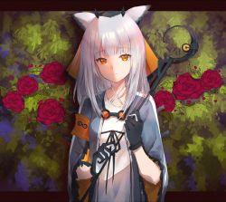Rule 34 | 1girl, arknights, armband, blunt bangs, bush, closed mouth, criss-cross halter, dress, expressionless, flower, grey jacket, halter dress, halterneck, holding, holding staff, ichita (yixisama-shihaohaizhi), jacket, long hair, long sleeves, looking at viewer, open clothes, open jacket, orange eyes, owl ears, ptilopsis (arknights), red flower, red rose, rhine lab logo, rose, silver hair, solo, staff, two-tone gloves, upper body, white dress, wide sleeves