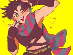 Rule 34 | 1boy, arm up, armpits, bare arms, bare shoulders, battle tendency, belt, belt buckle, bow, brown hair, buckle, commentary request, crop top, fingerless gloves, gloves, green eyes, grin, hand on own face, hand up, jojo no kimyou na bouken, joseph joestar, joseph joestar (young), leaning, leaning to the side, looking at viewer, male focus, messy hair, midriff, nail polish, navel, one eye closed, open mouth, remu (kudarizaka 25), scarf, scarf bow, short hair, simple background, sleeveless, smile, solo, spiked hair, star (symbol), striped clothes, striped scarf, yellow background