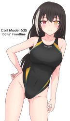 Rule 34 | 1girl, absurdres, alternate costume, black hair, blush, breasts, character name, competition swimsuit, dutch angle, english text, frown, girls&#039; frontline, gluteal fold, gotoo, grey hair, hair between eyes, hand on own hip, heterochromia, highleg, highleg swimsuit, highres, large breasts, long hair, looking at viewer, multicolored hair, one-piece swimsuit, red eyes, ro635 (girls&#039; frontline), solo, streaked hair, swimsuit, thighs, weapon name, yellow eyes