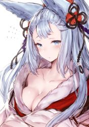 Rule 34 | 10s, 1girl, animal ears, blue eyes, blue hair, blush, breasts, cleavage, erune, flying sweatdrops, granblue fantasy, hair ornament, inayama, long hair, looking at viewer, matching hair/eyes, medium breasts, simple background, societte (granblue fantasy), solo, white background