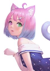 Rule 34 | 1girl, ahoge, animal ear fluff, animal ears, bare arms, bare shoulders, bracelet, candy hair ornament, cat ears, cat girl, cat tail, commentary, double-parted bangs, dress, food-themed hair ornament, from side, gradient hair, green eyes, hair ornament, hairclip, heterochromia, highres, himemori luna, himemori luna (sundress), hololive, jewelry, leaning forward, light blush, looking at viewer, looking to the side, multicolored hair, parted lips, paw pose, pink eyes, pink hair, print dress, purple hair, short hair, solo, star (symbol), star print, tail, takami masahiro, transparent background, virtual youtuber