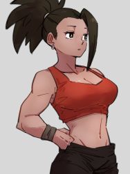 Rule 34 | 1girl, black hair, breasts, cleavage, collarbone, dragon ball, dragon ball super, earrings, grey background, hand on own hip, jewelry, kale (dragon ball), kemachiku, looking away, medium breasts, midriff, navel, ponytail, red tank top, short hair, simple background, solo, tank top