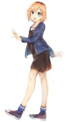 Rule 34 | 1girl, blue eyes, blue jacket, blue legwear, brown hair, collarbone, commentary request, full body, hair between eyes, highres, jacket, medium hair, miyamori aoi, open clothes, open jacket, open mouth, shirobako, shirt, shoes, simple background, skirt, smile, sneakers, solo, standing, tahita1874, white background