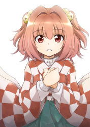 Rule 34 | 1girl, bell, checkered clothes, checkered kimono, hair bell, hair intakes, hair ornament, hands on own chest, hirasaka makoto, japanese clothes, kimono, motoori kosuzu, parted lips, red eyes, red hair, touhou, two side up