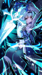 Rule 34 | 1girl, absurdres, arms up, artist name, ass, backless outfit, black background, blue cape, blue gloves, blue hair, boots, breasts, cape, chest harness, clothing cutout, cowboy shot, crystal sword, eula (genshin impact), from behind, genshin impact, gloves, glowing, glowing sword, glowing weapon, greatsword, hands up, harness, high-waist shorts, highres, junebuart, long sleeves, looking at viewer, looking back, medium breasts, medium hair, purple eyes, shorts, shoulder cutout, side cape, sidelocks, solo, sword, sword behind back, thigh boots, weapon, white sleeves, wide sleeves