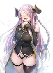 Rule 34 | asymmetrical legwear, blue eyes, braid, breasts, cape, closed eyes, detached sleeves, feet out of frame, granblue fantasy, highres, horns, large breasts, long hair, narmaya (granblue fantasy), one eye covered, open mouth, panties, pointy ears, purple hair, smile, taishi (picchiridou), underwear, white background