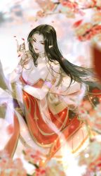 Rule 34 | 1girl, absurdres, arm up, artist request, black hair, blurry, blurry background, branch, breasts, cai lin (doupo cangqiong), closed mouth, crossed arms, doupo cangqiong, falling petals, flower, highres, lamia, large breasts, light particles, long hair, monster girl, petals, pointy ears, red eyes, sitting, snake tail, solid eye, solo, tail, third-party source