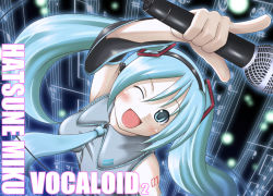 Rule 34 | 1girl, aqua eyes, aqua hair, bad id, bad pixiv id, hatsune miku, microphone, musical note, necktie, nukunuku (hinataboltuko), one eye closed, open mouth, smile, solo, twintails, vocaloid, wink