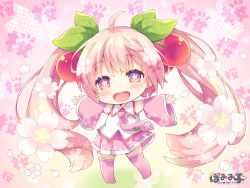 Rule 34 | 1girl, ahoge, artist logo, artist name, blouse, boots, cherry, cherry blossoms, cherry hair ornament, chibi, collared shirt, detached sleeves, food, food-themed hair ornament, fruit, hair ornament, hatsune miku, long hair, long sleeves, necktie, oversized food, oversized object, pleated skirt, pomimiko, sakura miku, shirt, skirt, sleeveless, sleeveless shirt, solo, symbol-shaped pupils, thigh boots, thighhighs, tie clip, twintails, very long hair, vocaloid, zettai ryouiki