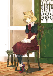 Rule 34 | 1girl, animal ears, black capelet, black pantyhose, blonde hair, breasts, capelet, cat ears, cat girl, chair, cleavage, door, dress, flat chest, full body, gloves, indoors, lace, lace-trimmed dress, lace trim, looking at viewer, mary janes, neck ribbon, noki (affabile), on chair, original, pantyhose, red dress, red footwear, red ribbon, ribbon, shoes, short hair, short sleeves, sitting, smile, solo, stool, white gloves, yellow eyes