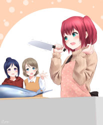 Rule 34 | 3girls, apron, bad id, bad pixiv id, blue eyes, blush, collared shirt, fish, floral print, hand up, holding, holding knife, hood, hood down, hoodie, kitchen knife, knife, kurosawa ruby, long hair, long sleeves, love live!, love live! sunshine!!, matsuura kanan, motion lines, multiple girls, open mouth, papi (papiron100), parted lips, pink apron, ponytail, purple eyes, purple hair, red hair, shirt, short hair, signature, sweat, sweater, sweater vest, swept bangs, tareme, tearing up, tears, trembling, turtleneck, turtleneck sweater, twintails, upper body, w arms, watanabe you, wing collar