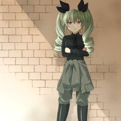 Rule 34 | 1girl, anchovy (girls und panzer), anzio military uniform, beni (bluebluesky), black necktie, black ribbon, black shirt, blouse, boots, brick wall, closed mouth, clothes around waist, commentary, crossed arms, dress shirt, drill hair, frown, girls und panzer, green hair, grey jacket, grey pants, hair ribbon, highres, jacket, jacket around waist, knee boots, long hair, long sleeves, looking at viewer, military, military uniform, necktie, pants, pants tucked in, red eyes, ribbon, shirt, solo, standing, twin drills, twintails, uniform, wing collar